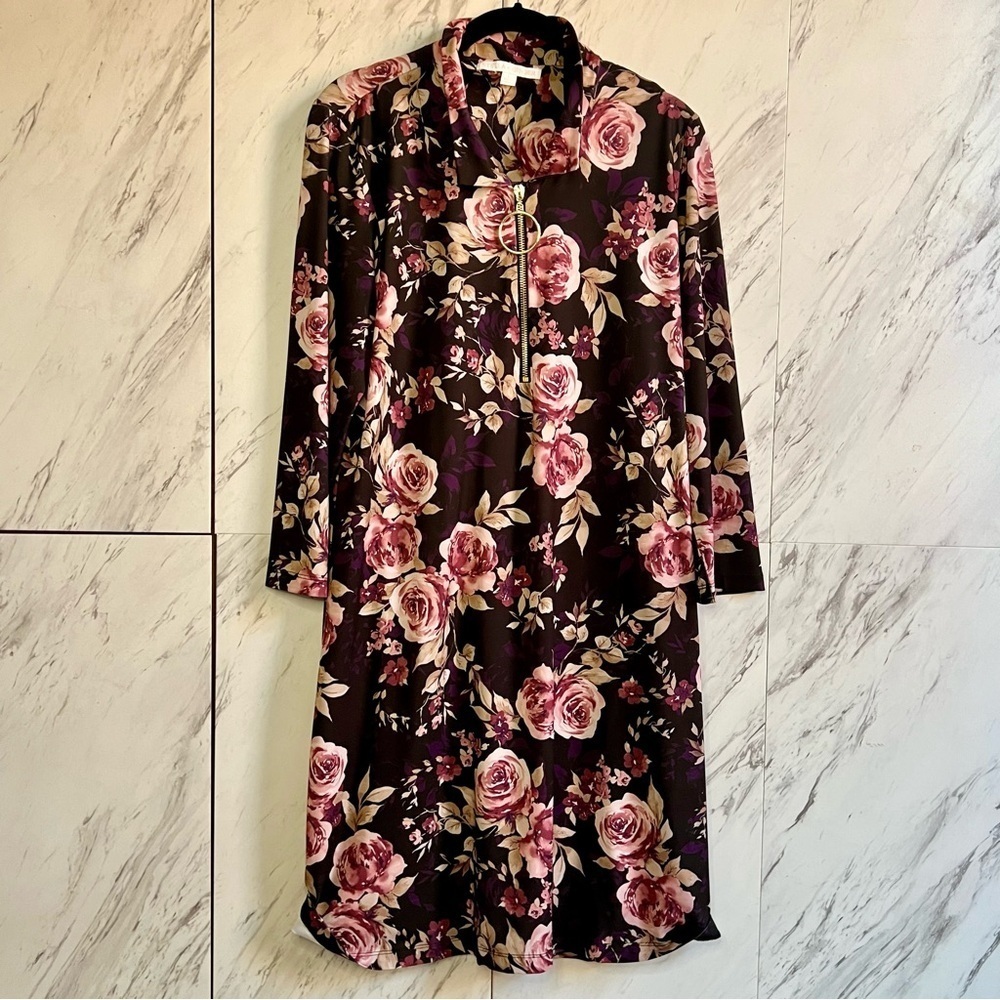 3/$60 Stella + Ginger Dark Floral Ring-Zip Collared 70s Shift Dress SZ L